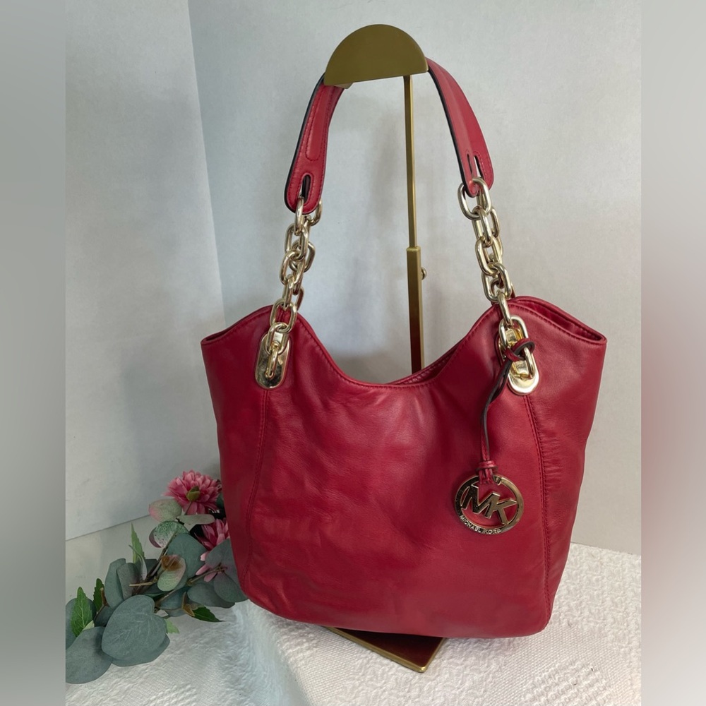 Michael Kors Red Leather Shoulder Hobo with Gold Double Chain Strap